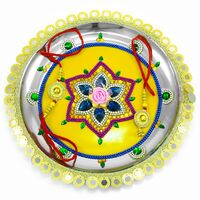 Six Blue Crystal Diamond Floral Rakhi Pooja Thali