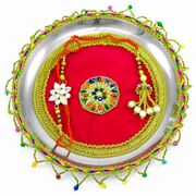 Floral Designer Rakhi Pooja Thali with Latkan-Laced Border