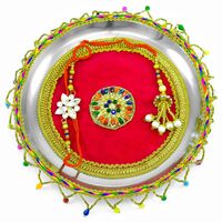 Floral Designer Rakhi Pooja Thali with Latkan-Laced Border