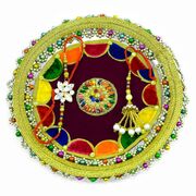 Colorful Rakhi Pooja Thali Adorned with Floral Center and Beaded Lace Border