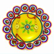 Yellow Base Floral Rakhi Pooja Thali with Bhaiya-Bhabhi Rakhi Set