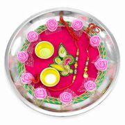 Eye-Catching Designer Pattern on Pink Base with Flowers Rakhi Pooja Thali