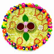 Handmade Rakhi Pooja Thali Decorated with Colorful Pom-Poms and Roli-Chawal Dibbi