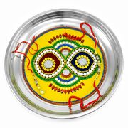Evil Eye Duo Crafted Design on Yellow Painted Rakhi Pooja Thali