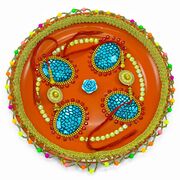 Orange Painted Colorful Beaded Lace Rakhi Pooja Thali Adorned with Four Large Blue Stones