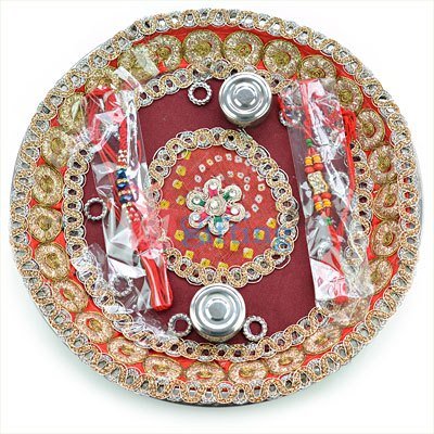 Handicraft Zari Chundari Print Kundan Flower Rakhi Puja Thali