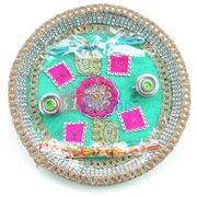 Pink Cyan Flower Kundan Pooja Thali for Rakhi festival