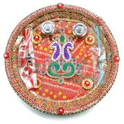 Chundari Print Kundan Kalash Rakhi Pooja Thali 