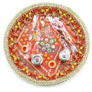 Awesome Chundari Print Flower Kundan Rakhi Pooja Thali