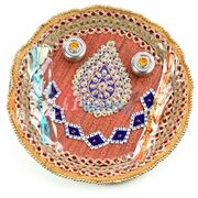 Betal Leaf Brown Base Kundan Rakhi Pooja Thali