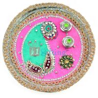 Excellent Pink Base Green Mango Kundan Pooja Thali