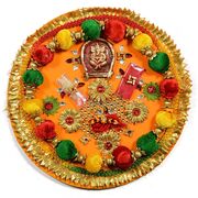 Velvet Ball Ganesha Rakhi Pooja Thali of Paper Mache with Gota Work