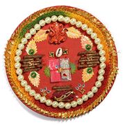 Pearl Rakhi Pooja Thali with Kundan and Gota Work