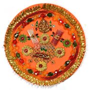 Red Green Beads Rakhi Pooja Thali of Paper Mache
