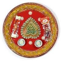 Kundan Gota Leaf Rakhi Pooja Thali with Pearl Dots