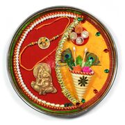 Gota Peacock Feather Pearl Mouli Rakhi Pooja Thali