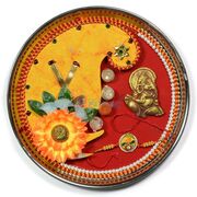 Sun Flower Pearl Mouli Rakhi Pooja Thali