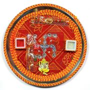 Mouli Chunari Kundan Swastik Ganesha Rakhi Pooja Thali