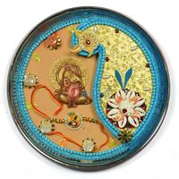 Blue Beads Conch Flower Ganesha Rakhi Pooja Thali