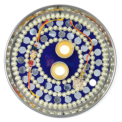 Awesome Circular Mirror Pearl Worked Rakhi Pooja Thali