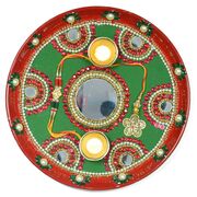 Fabulous Painted Mirror and Pearl Worked Rakhi Pooja Thali