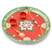 Beautiful Pearl Flower Painted Rakhi Pooja Thali