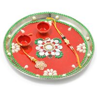 Beautiful Pearl Flower Painted Rakhi Pooja Thali