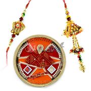 Pearl Swastik Rakhi Thali with Zardosi Peafowl Rakhi Pair