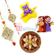 Ganesha Pooja Thali with Diamond Rakhi Pair with Twin Kids Rakhi