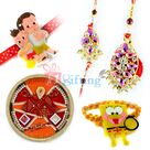 Swastik Pearl Thali with Kundan Rakhi Pair and 2 Kids Rakhi
