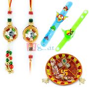 Swastik Heart Thali with Zardosi Rakhi Pair and 2 Kids Rakhis
