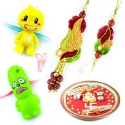 Swastik Ganesha Thali with Zardosi Rakhi Pair 2 Kids Rakhis