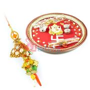 Ganesha Swastik Gota Thali with Kundan Beads Lumba Rakhi