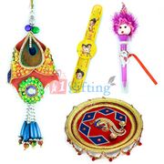 Royal Peacock Pooja Thali-Fancy Lumba and 2 Kids Rakhis