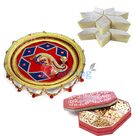 Designer Peacock Rakhi Thali with Kaju Katli and Dry fruits
