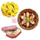 Beads Ganesha Flower Rakhi Thali with Soan Papdi and Dry fruits