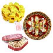 Beads Ganesha Flower Rakhi Thali with Soan Papdi and Dry fruits