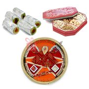 Swastik Pearl Rakhi Pooja Thali with Kaju Roll and Dry fruits