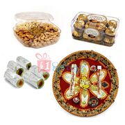 Ganesha Flower Moli Thali-Kaju Roll-16 Pcs Ferrero Rocher and Dry fruits