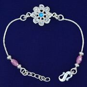 Jewel Studded Floral Pure Silver Designer Rakhi - 7.0 Grams