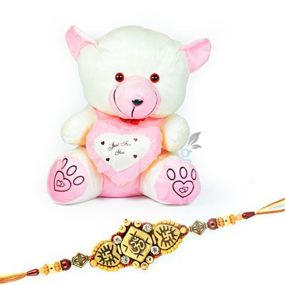 Buy/Send Om Rakhi & Beige Teddy In Cute Designer Potli Online- FNP