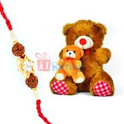 Big Brown Teddy Bear n Little Teddy with Rudraksh Rakhi