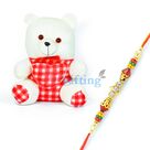 White Red Checky Soft Teddy Bear n One Beads Diamond Rakhi