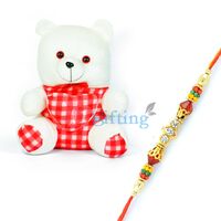 White Red Checky Soft Teddy Bear n One Beads Diamond Rakhi