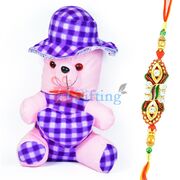 Little Bow Cap Blue Teddy Bear with One Designer Rakhi