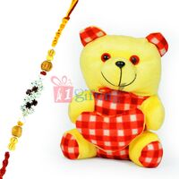 Cutty Little Teddy Bear with Check Heart n One Jewel Rakhi