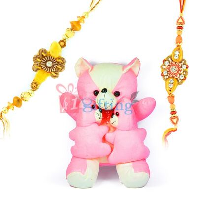 Buy/Send Om Rakhi & Beige Teddy In Cute Designer Potli Online- FNP