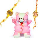 Big Pinkey Teddy Bear n Two Little Bear Kids with 2 Rakhis 