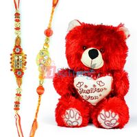 Red Soft Just For You Teddy Bear Toy with 2 Fancy Rakhis