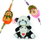 Black-White Stuffed Puppy Pair with 2 Zardosi Rakhis